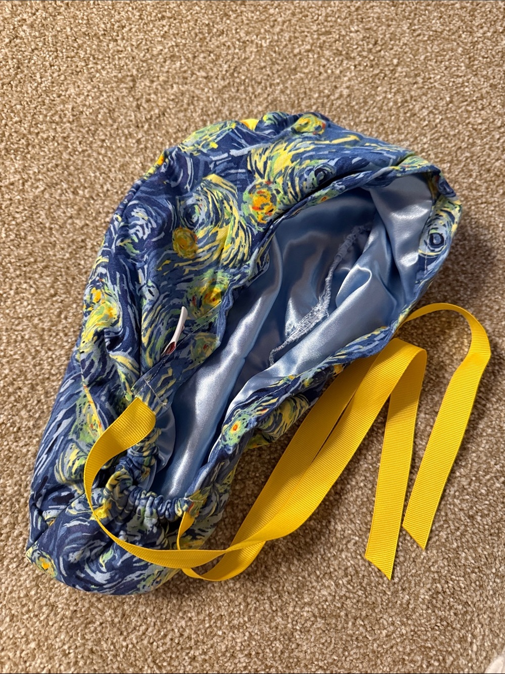 Blue & Yellow Swirl Satin-Lined Drawstring Bonnet